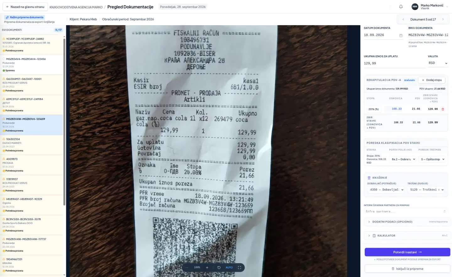 Ekran aplikacije DokPriprema za pregled dokumenta: original fiskalnog računa i izvučeni podaci sa PDV-om jedan pored drugog