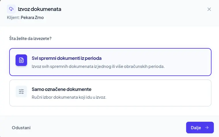Izbor dokumenata za izvoz za Minimax u aplikaciji DokPriprema