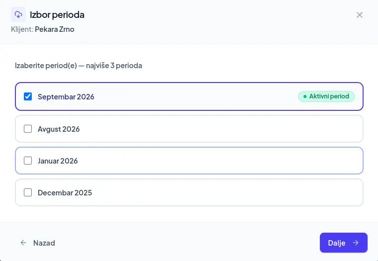 Izbor obračunskog perioda za izvoz za Minimax u aplikaciji DokPriprema