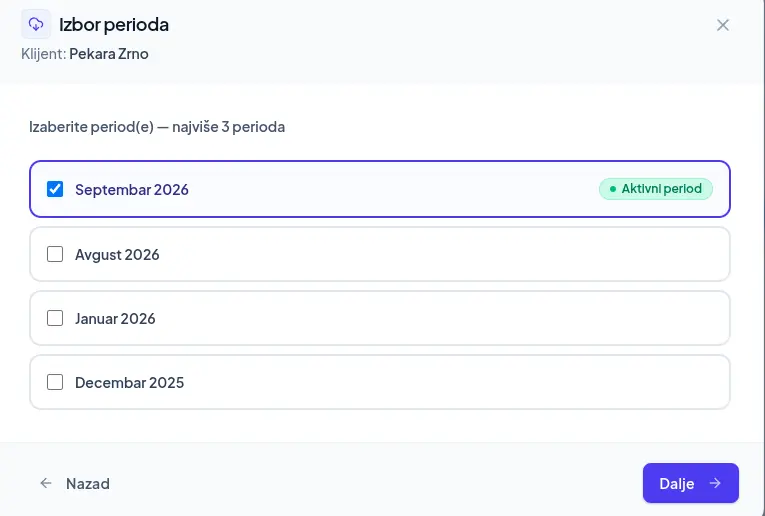 Izbor obračunskog perioda za izvoz za BizniSoft u aplikaciji DokPriprema