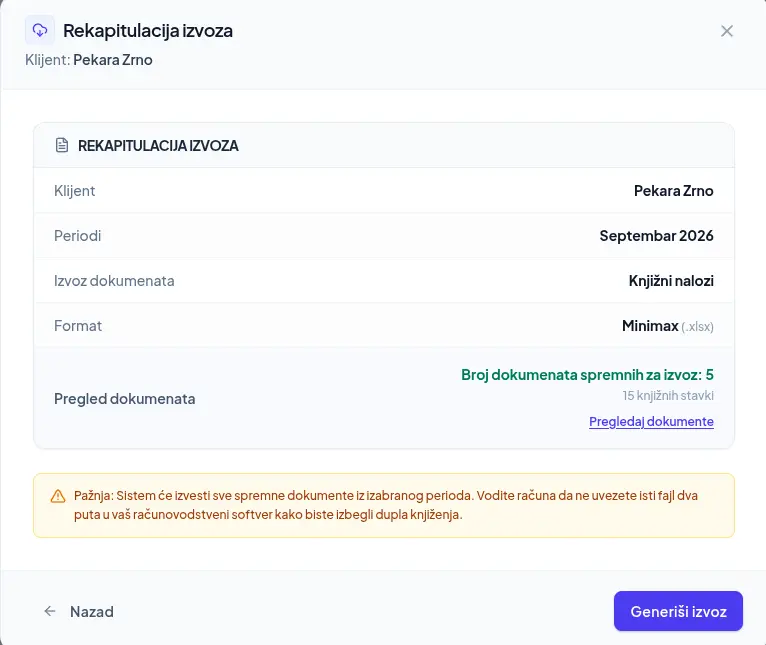 Rekapitulacija izvoza za Minimax pre preuzimanja fajla u aplikaciji DokPriprema