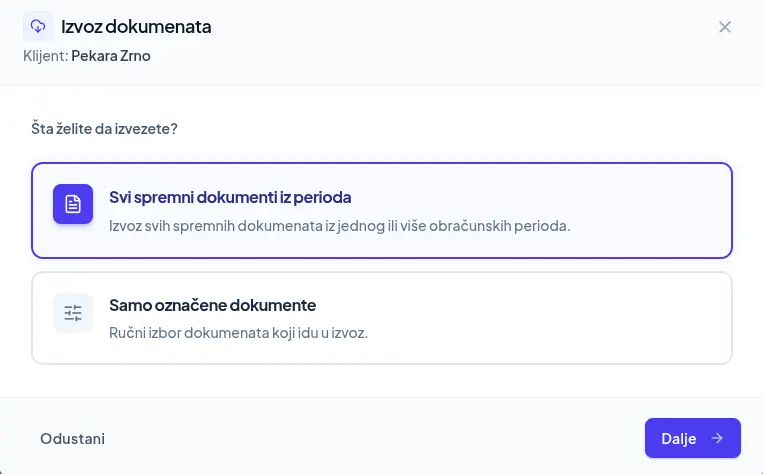 Izbor dokumenata za izvoz u Excel tabelu u aplikaciji DokPriprema