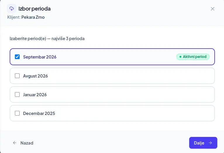 Izbor obračunskog perioda za izvoz u Excel tabelu u aplikaciji DokPriprema