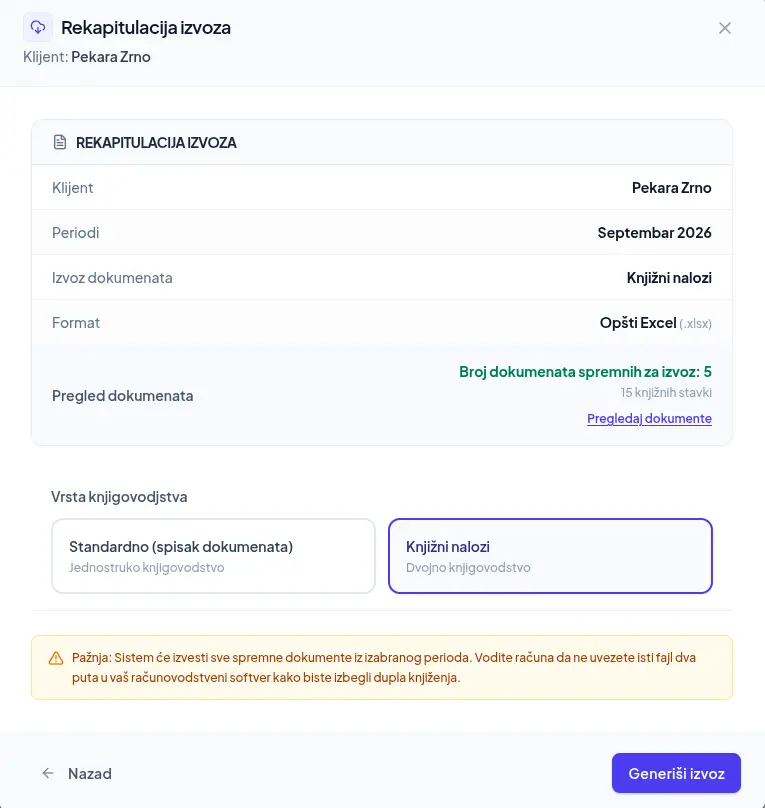 Rekapitulacija izvoza u Excel tabelu pre preuzimanja fajla u aplikaciji DokPriprema