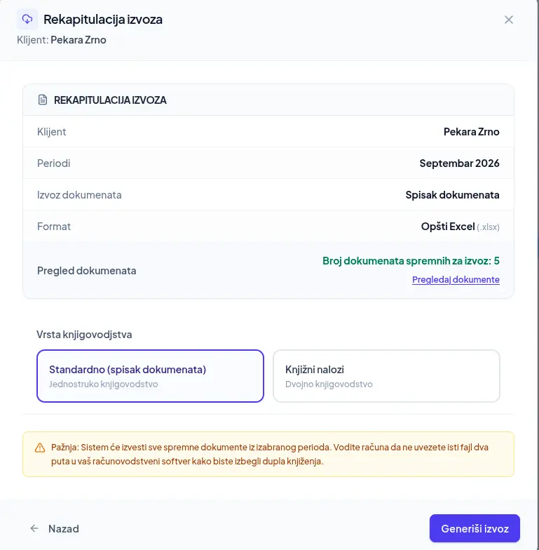 Rekapitulacija izvoza u Excel tabelu pre preuzimanja fajla u aplikaciji DokPriprema