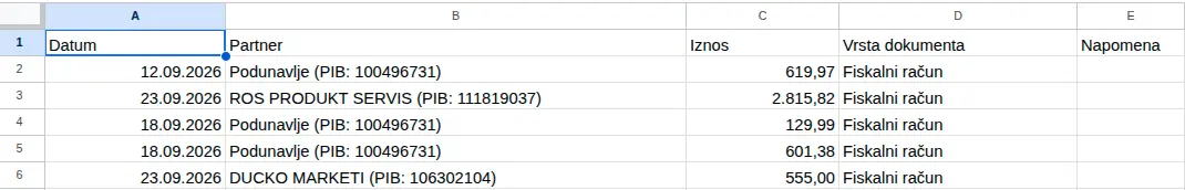 Izvezen Excel za Opšti excel: spisak dokumenata