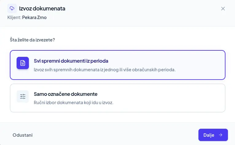 Izbor dokumenata za izvoz za Pantheon u aplikaciji DokPriprema