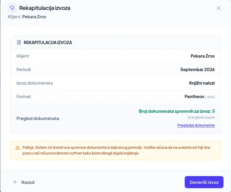 Rekapitulacija izvoza za Pantheon pre preuzimanja fajla u aplikaciji DokPriprema